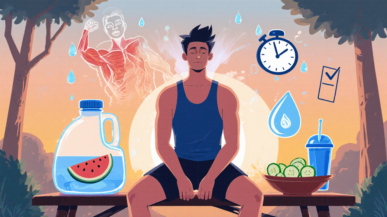 Athlète post‑effort avec eau, fruits hydratants et muscles détendus.