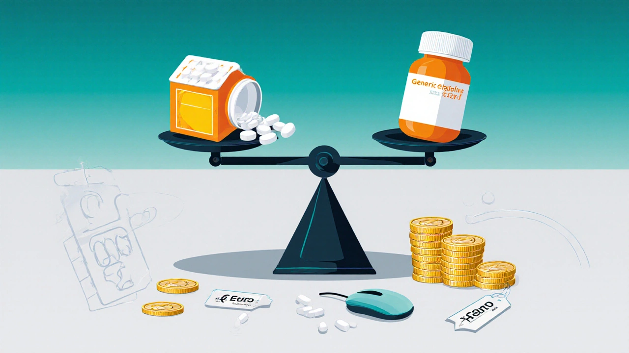 Balance comparant le coût d’une boîte de médicaments générique et d’une boîte de marque avec des pièces.