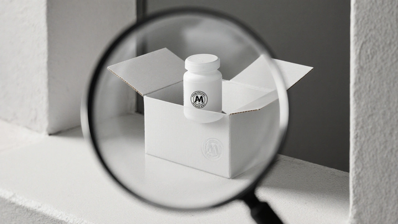Colis ouvert montrant un flacon de cétirizine, une loupe mettant en avant le logo ANSM.
