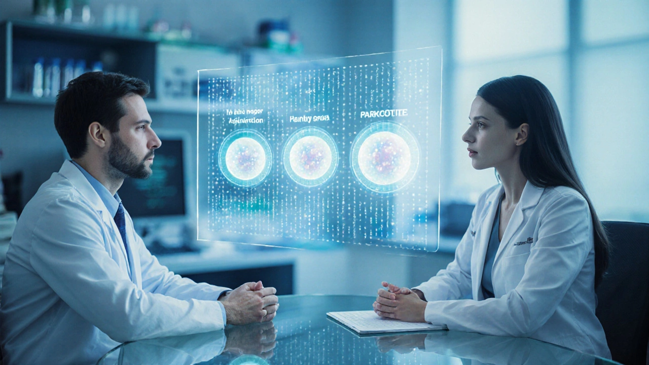 Conseil génétique avec médecin et patient devant un hologramme de panel de gènes liés au Parkinson.
