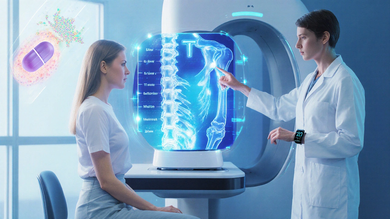Consultation médicale avec scanner DXA holographique, dispositif AI au poignet et aperçu de probiotiques.