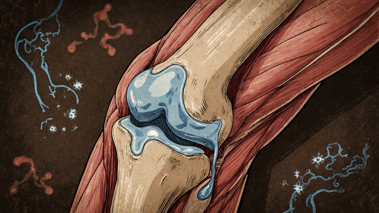 Coupe transversale d&#039;un genou montrant le liquide synovial bleu et les ions électrolytes.