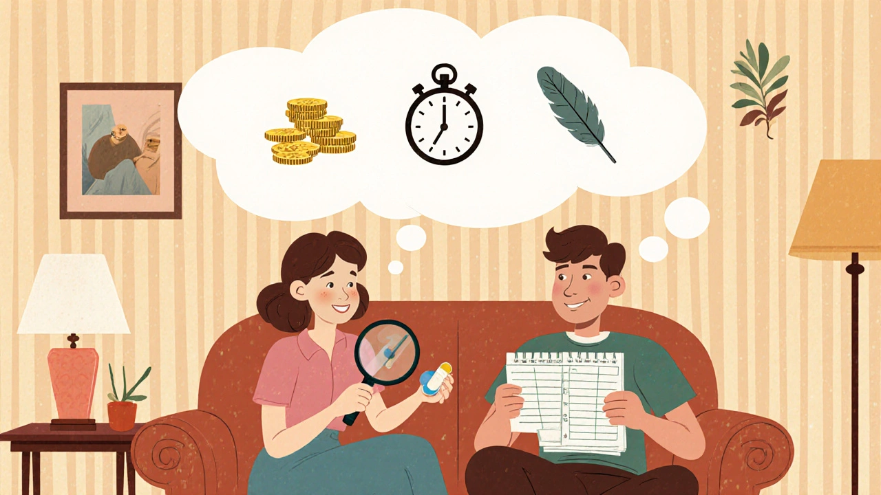 Couple vintage cartoon discutant, entouré de bulles illustrant budget, rapidité, effets secondaires pour choisir le traitement.