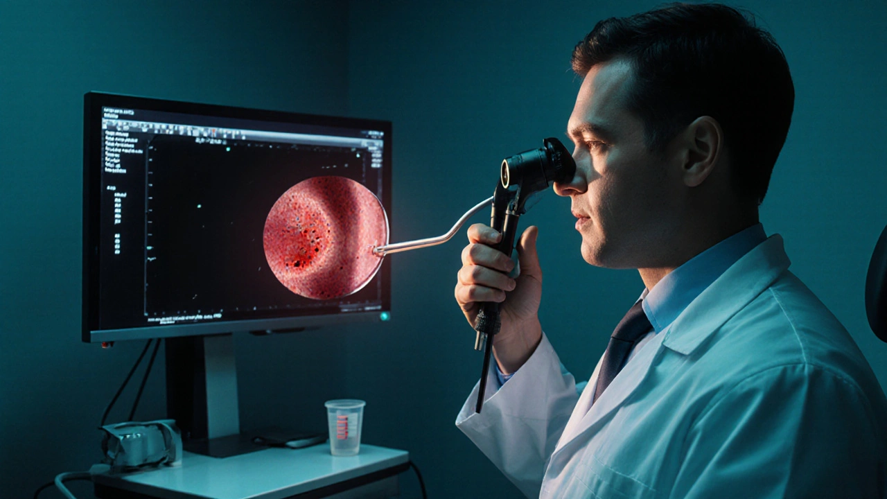 Cystoscopie montrant une petite lésion vésicale, avec appareil médical et urine analysée.