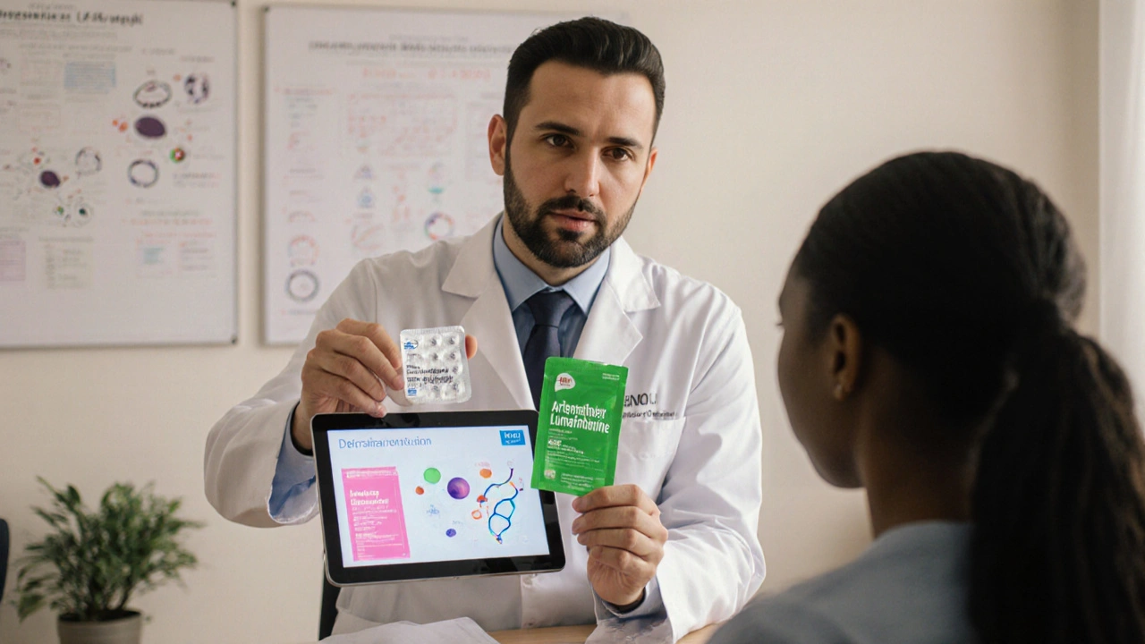 Docteur en blouse blanche montrant deux plaquettes de médicaments à un patient, avec un écran affichant des icônes scientifiques.