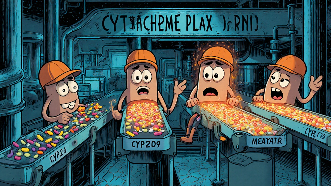 Enzymes P450 caricaturées transformant des pilules sur des chaînes de production.