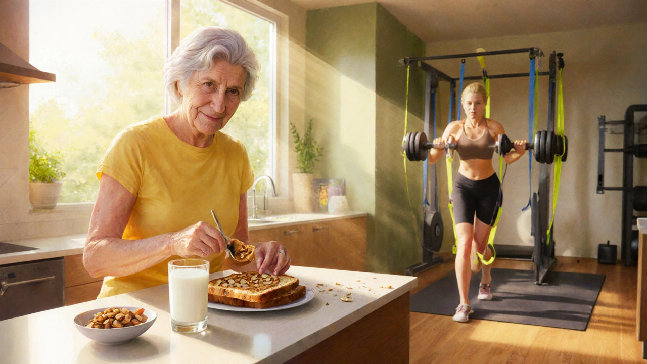 Femme prépare un repas riche en calcium sous le soleil et fait des exercices de résistance à côté.