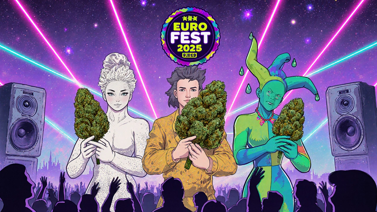Festival européen nocturne avec personnages tenant White Widow, Amnesia Haze et Harlequin.