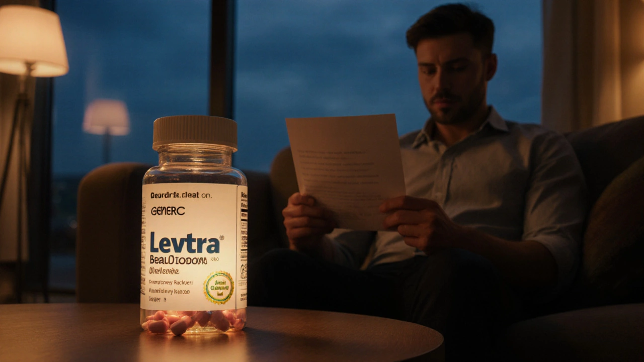Homme lisant la notice du Levitra générique, bouteille visible, ambiance intime.