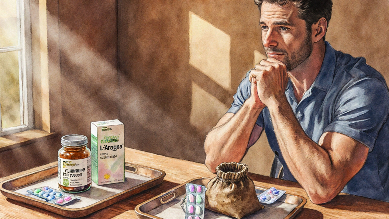 Homme réfléchissant entre compléments naturels et pilules médicamenteuses sur une table en bois.