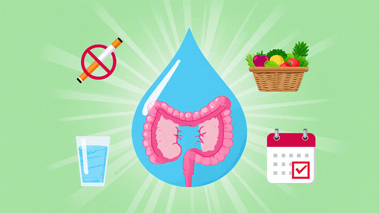 Illustration prévention : vessie saine, cigarette barrée, verre d’eau, fruits et calendrier de suivi.