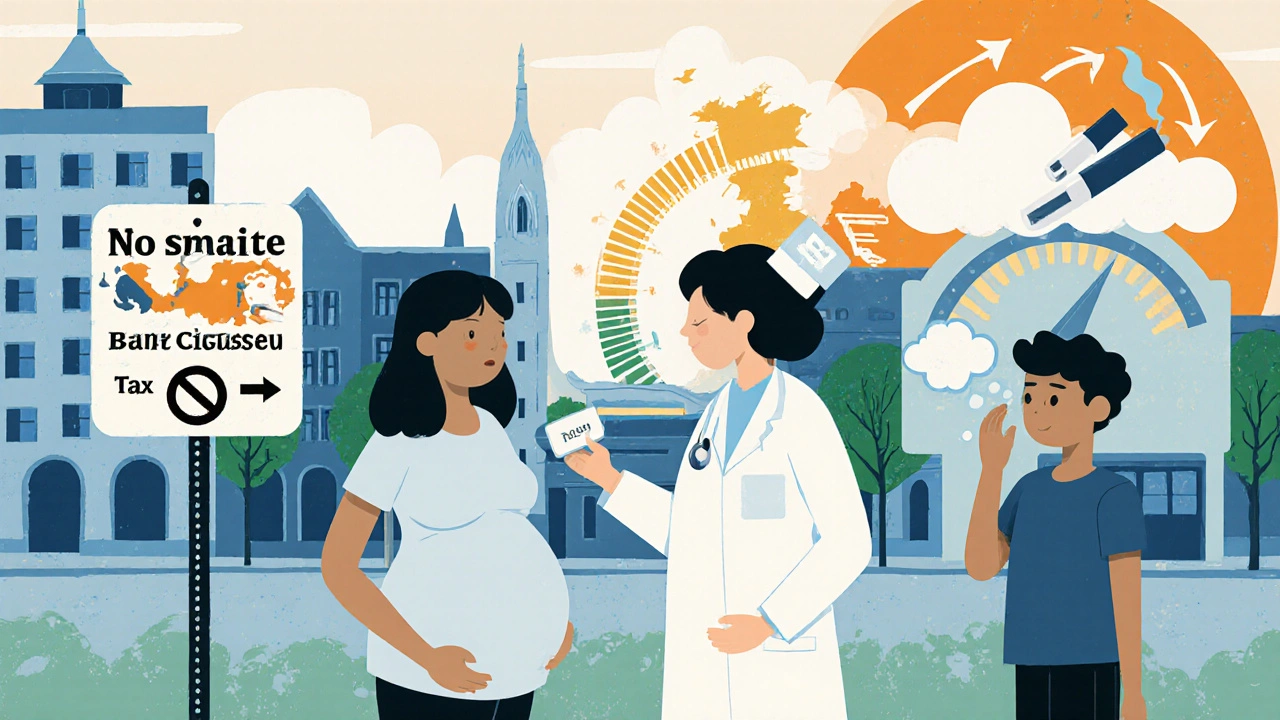 Illustration vintage d'une femme enceinte, d'un signe anti-tabac et d'un adolescent avec une e‑cigarette, symbolisant les mesures de prévention.