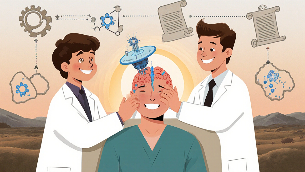 Image cartoon vintage d'un patient recevant une stimulation cérébrale profonde adaptative.