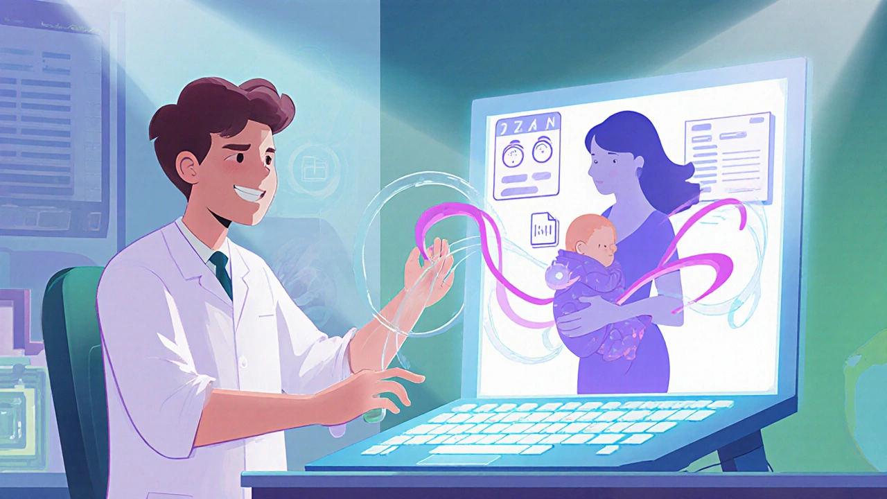 Image rétro d&#039;une intégration numérique entre registre de grossesse et dossiers médicaux électroniques.