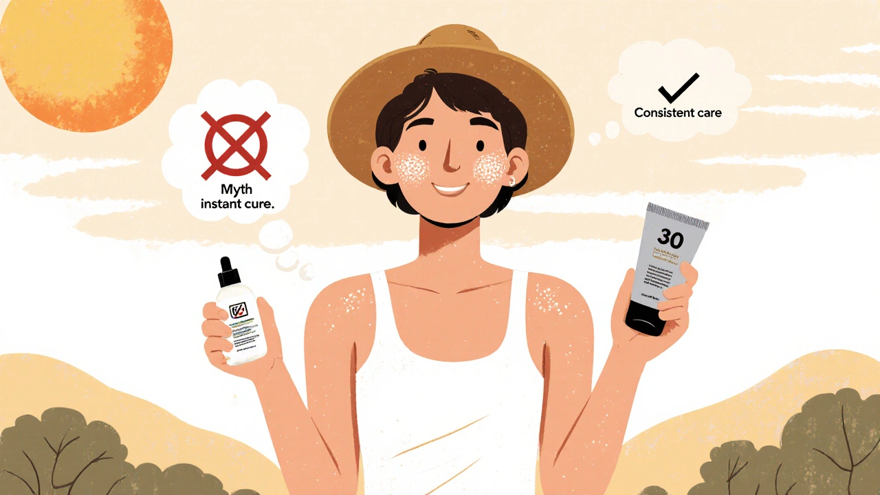 Jeune adulte au teint clair, montrant les produits de soin et un soleil doux après le facial.