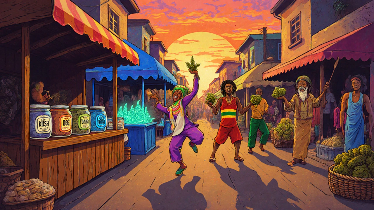 Marché animé montrant OG Kush, Blue Dream, Durban Poison, Lamb’s Bread et African Gold.