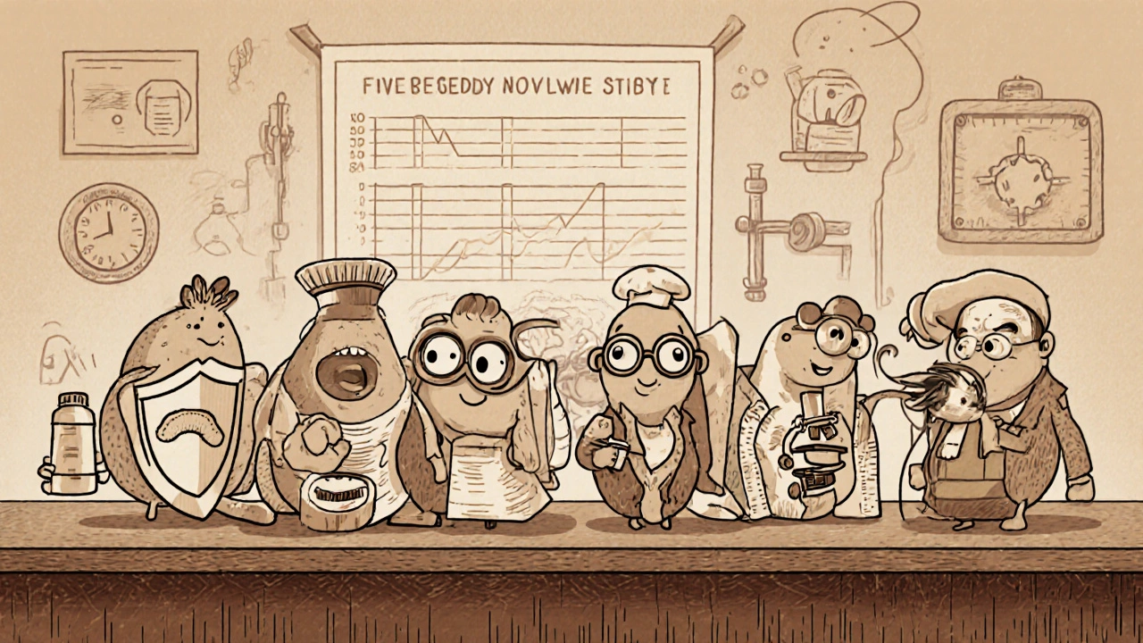 Mascottes cartoon représentant plusieurs antihelminthiques alignées sur une table de laboratoire.
