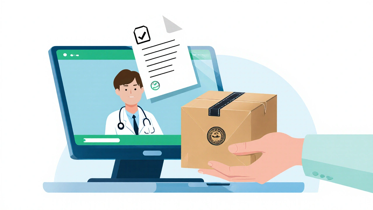 Ordinateur portable avec téléconsultation médicale et colis discret prêt à être reçu.
