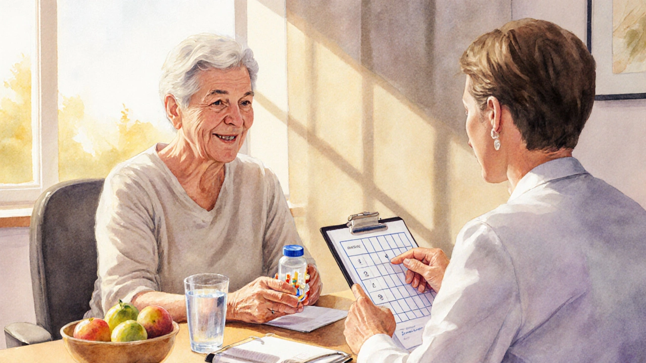 Patient et médecin discutant d’un traitement, entourés d’éléments de mode de vie sain.