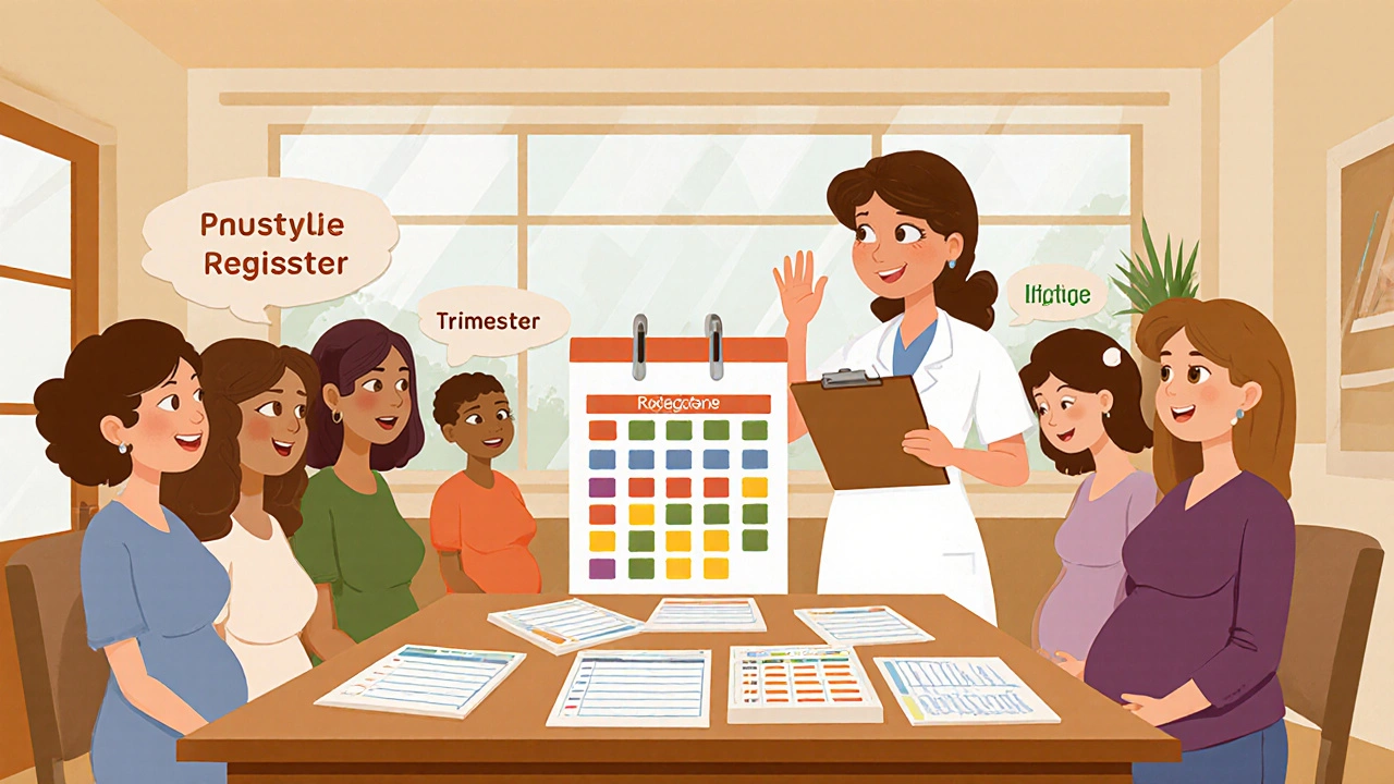 Scène cartoon d&#039;une salle d&#039;enregistrement de grossesse avec des infirmières et des formulaires.