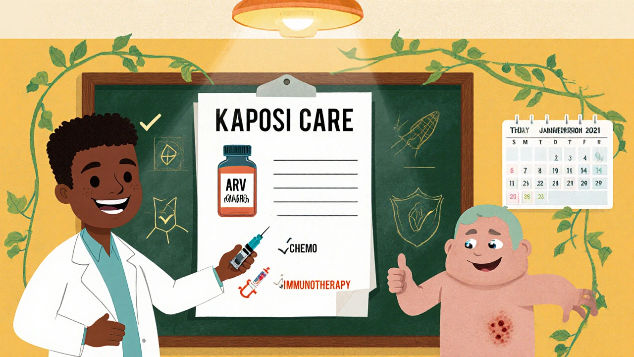 Scène de clinique vintage avec un médecin affichant une liste de soins : ARV, chimiothérapie, immunothérapie, et un patient optimiste.