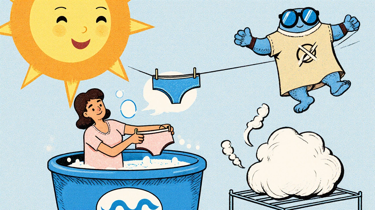 Scène de lavage doux d’un sous‑vêtement en tissu naturel, séché à l’air libre, avec icônes de soins appropriés et un monstre mythique chassé.