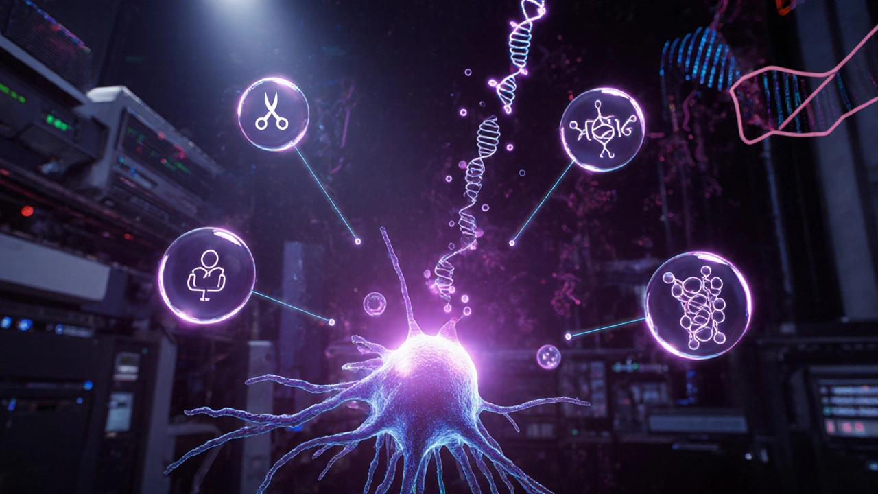 Scène futuriste de thérapie génique où des vecteurs AAV livrent le gène PARK2 à une neurone.