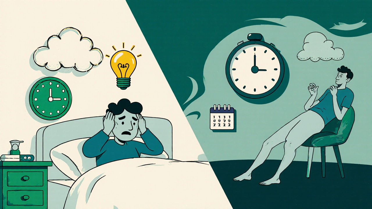 Scène vintage cartoon montrant deux horloges comparant le temps d&#039;action rapide du Suhagra et le long effet du Cialis, avec icônes d’effets secondaires.