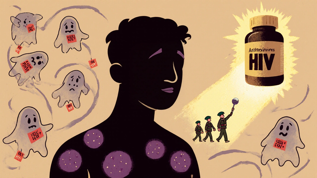 Silhouette d&#039;un patient avec des nodules violacés, des particules VIH drainant les cellules CD4+, et des pilules ARV brillantes.