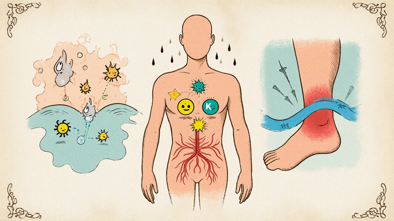 Silhouette humaine montrant chaleur, ions et inflammation avec gouttes d&#039;eau.
