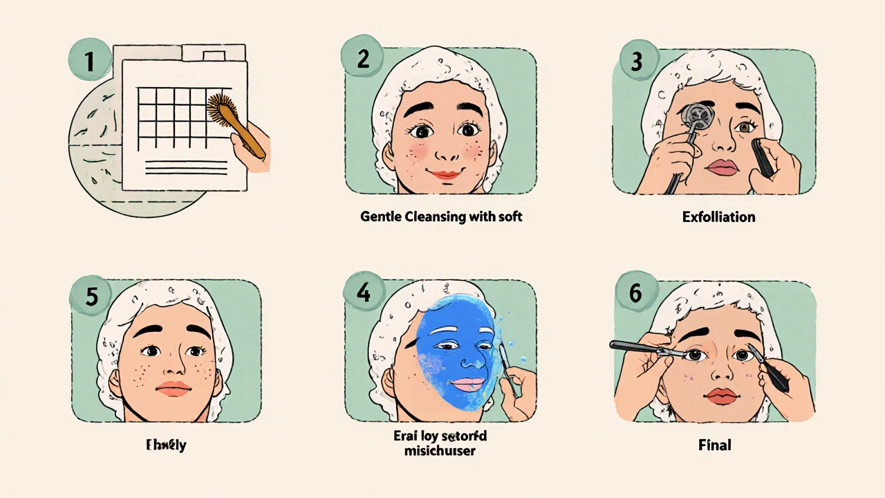 Six vignettes illustrant les étapes d’un soin facial anti‑acné, de l’analyse à l’hydratation.