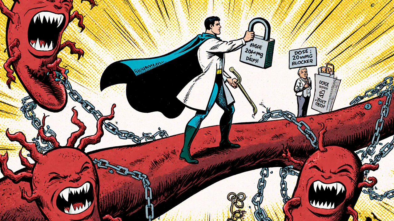 Super-héros &#039;Rivaroxaban Man&#039; bloquant des caillots sanguins dans un vaisseau, avec un repas et une dose de 20 mg en arrière-plan.