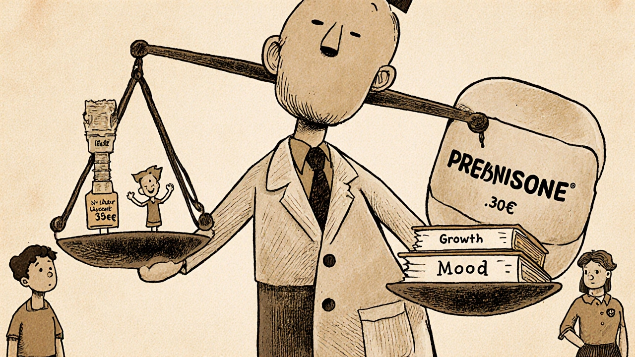 Un médecin tient une balance comparant un petit comprimé cher à un gros comprimé bon marché, avec des symboles de prise de poids.