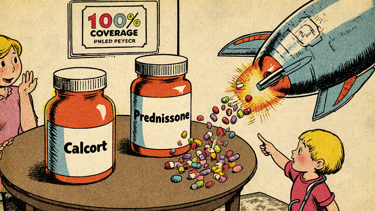 Une famille à table examine trois bouteilles de médicaments, dont une ressemble à une fusée, sous un affiche de prise en charge médicale.