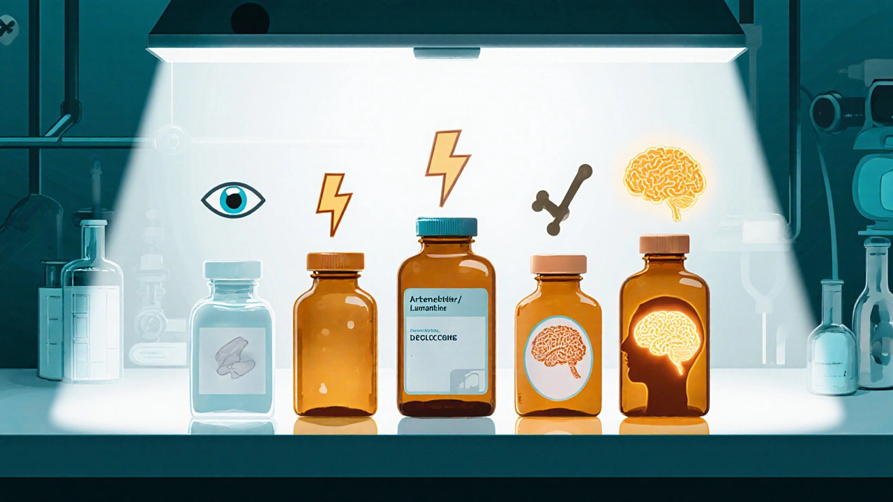 Vue du dessus d’un comptoir de laboratoire avec six flacons de médicaments, chaque flacon accompagné d’un symbole illustrant son effet secondaire ou mécanisme.