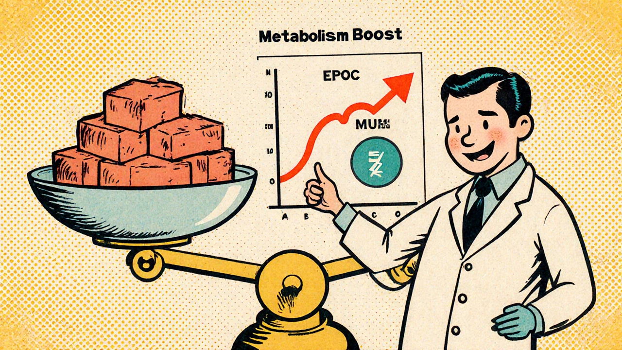 Balance avec graisse et muscle, scientifique pointant un graphique EPOC, style rétro.