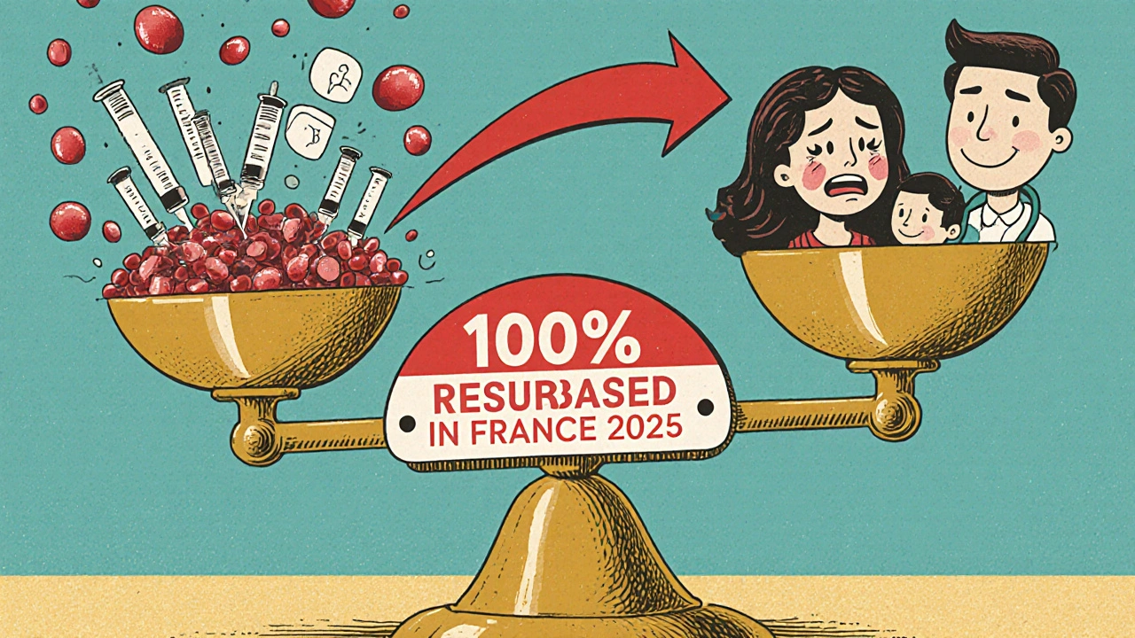 Balançoire médicale opposant traitement ancien et moderne, flèche indiquant la victoire des traitements actuels.