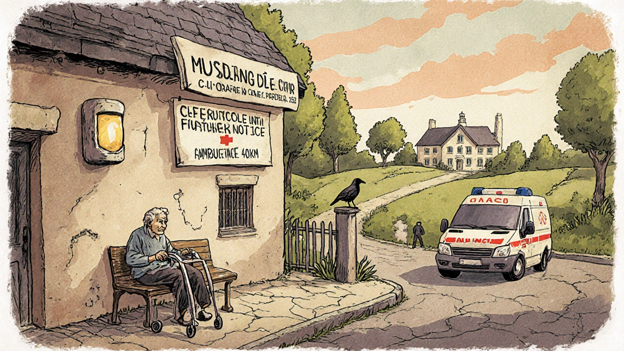 Clinique rurale fermée, un patient âgé attend seul sur un banc pendant qu&#039;une autre clinique est loin.