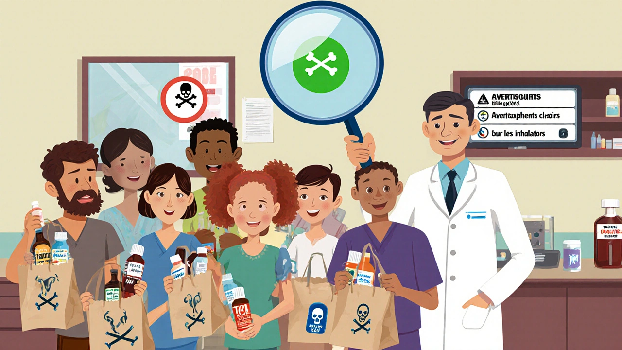 Des patients présentent leurs médicaments à un pharmacien, tandis qu&#039;une loupe révèle les risques cachés.