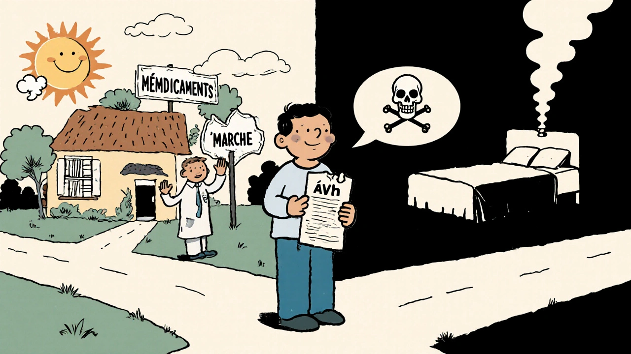 Deux chemins : un vers la santé avec un médecin, l&#039;autre vers un AVC, dessin style années 50.