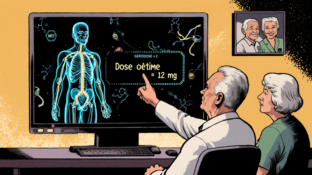 Écran numérique montre une dose personnalisée pour un patient âgé, médecin et patient sourient, style cartoon rétro-futuriste.