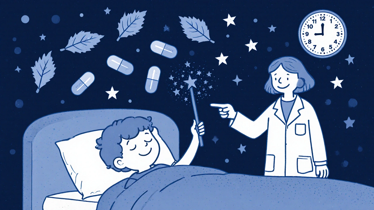 Enfant endormi tenant une seule pilule de dexaméthasone, tandis que cinq pilules de prednisone disparaissent en étoiles au-dessus de lui.