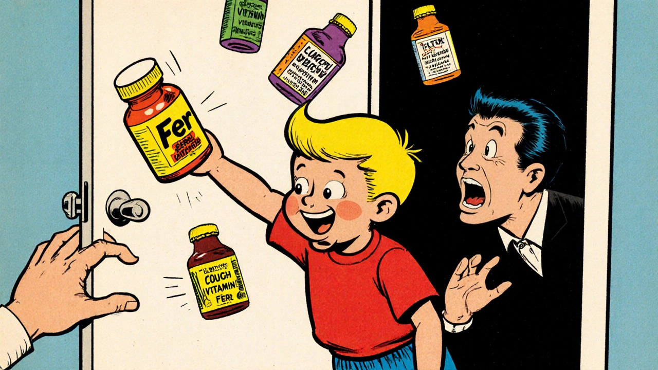 Enfant ouvrant un placard de médicaments et sortant une bouteille de vitamines, tandis que ses parents tentent de l&#039;arrêter.