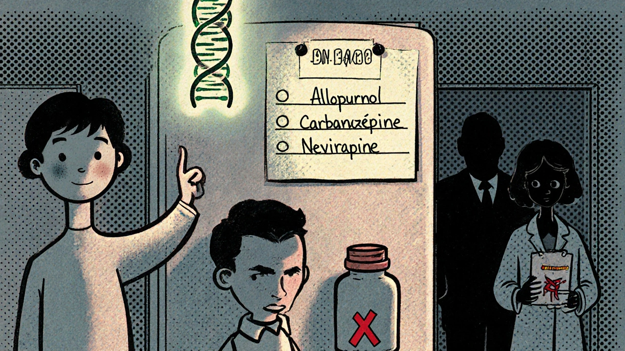 Famille regardant une liste de médicaments dangereux avec un marqueur génétique lumineux, dans un style cartoon des années 1960.