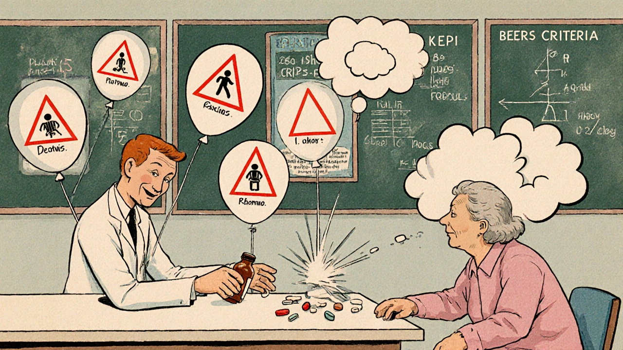 Femme âgée entourée de médicaments flottants, l&#039;un explose en forme de chute, style bande dessinée éducative.