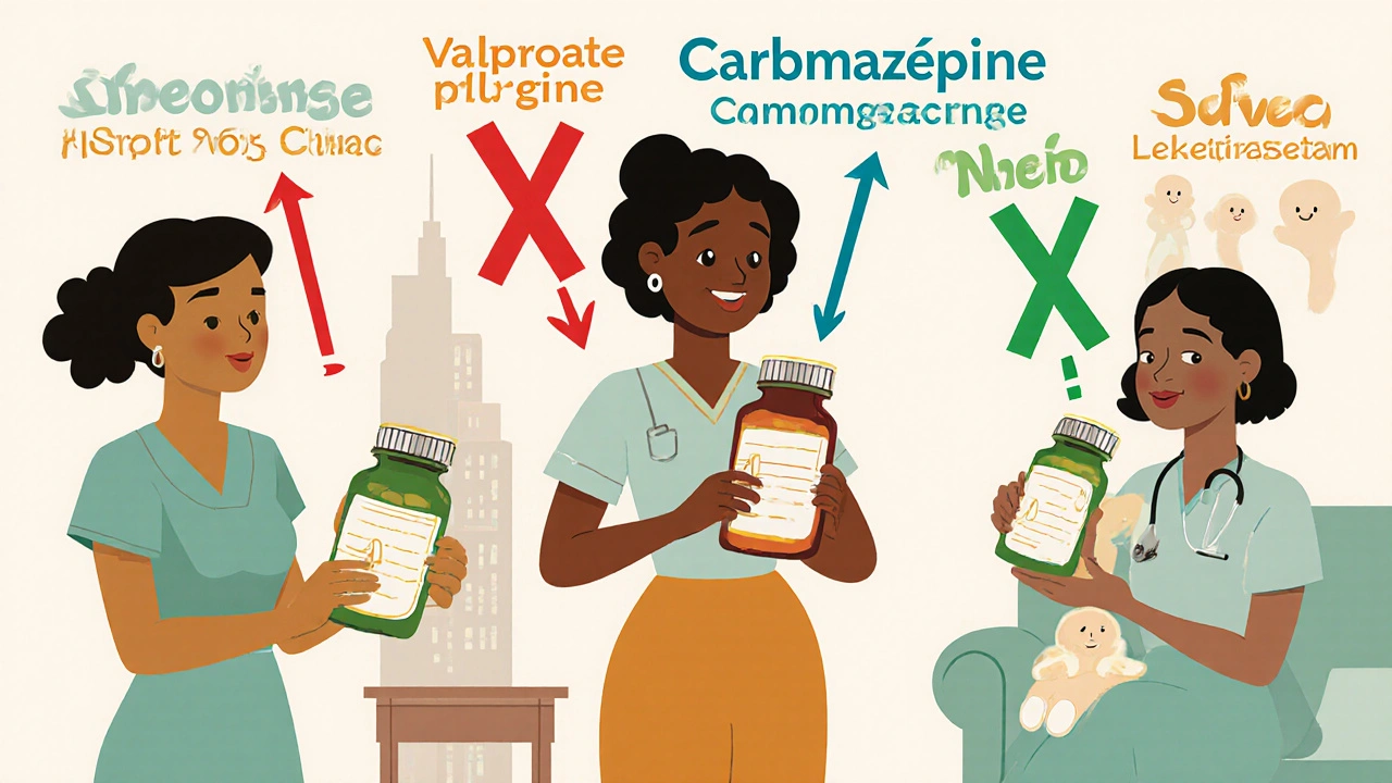 Groupe de femmes avec des médicaments : les risques marqués par des croix rouges, les options sûres en vert.