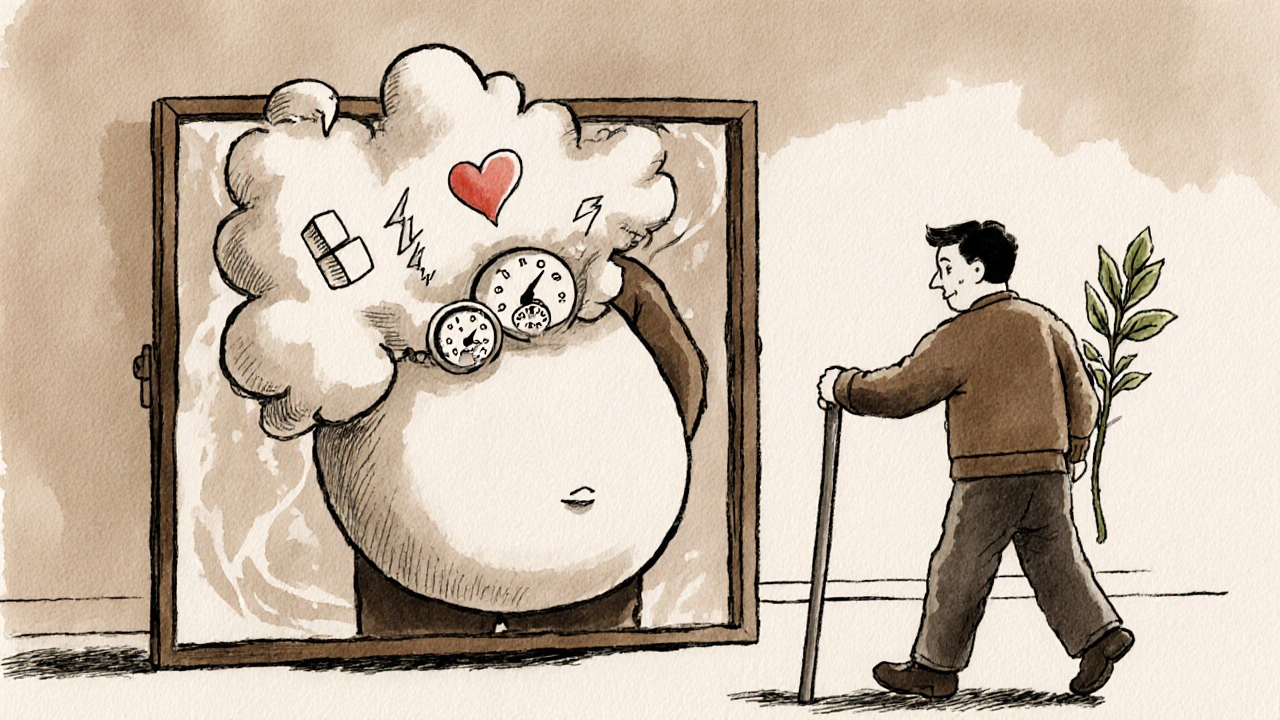 Homme regardant son reflet révélant une tempête métabolique dans son ventre, version saine à l&#039;extérieur.