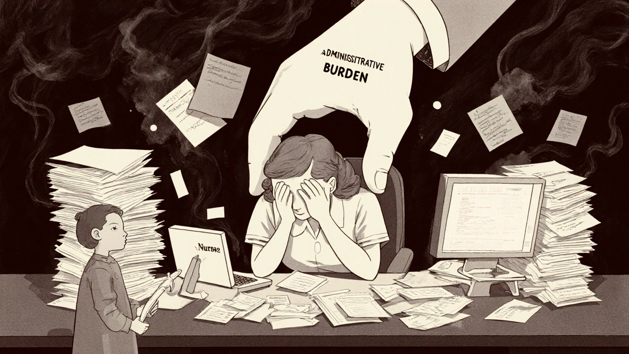 Infirmière submergée par des papiers et un ordinateur, une main fantomatique l&#039;écrase de pression administrative.