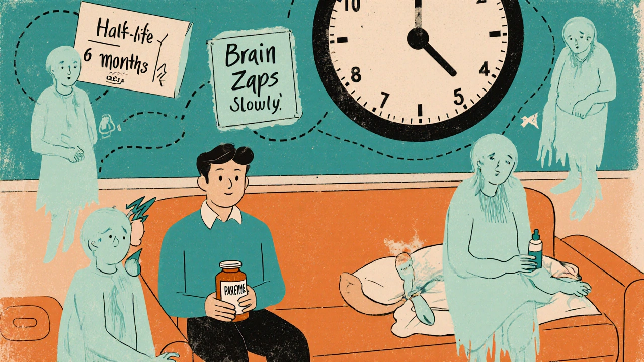 Patient avec une bouteille de médicament et un horloge géante montrant le sevrage sur plusieurs mois, style cartoon rétro.