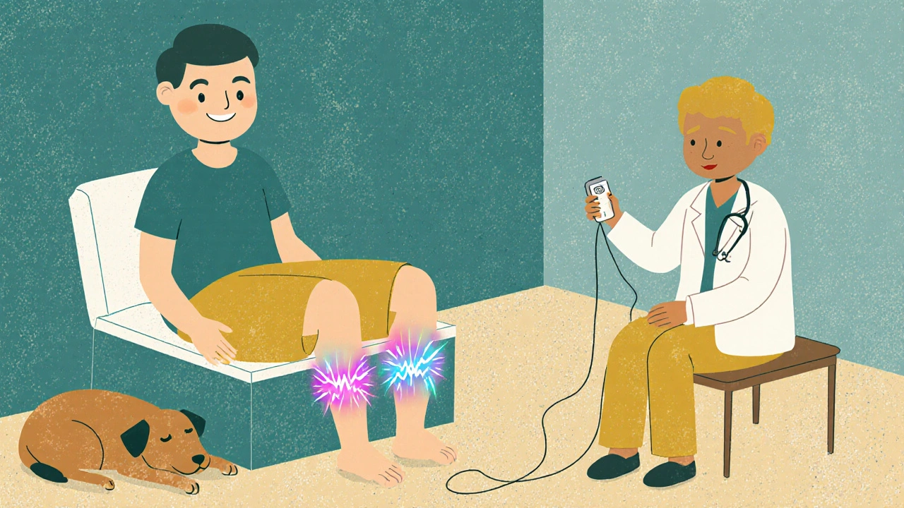 Patient en thérapie TENS, des ondes électriques douces traversent ses jambes, ambiance apaisante.